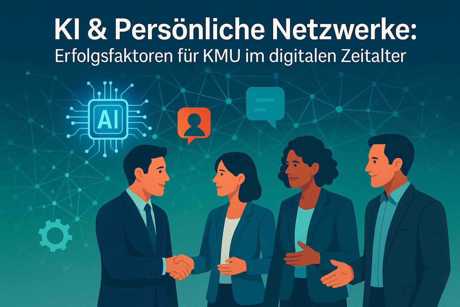 bild-ki-recherche Illustration mit vier Personen im Gespräch, darüber Icons für KI, Netzwerk und Nachrichtensymbole; Überschrift zu Erfolgsfaktoren für Unternehmen.