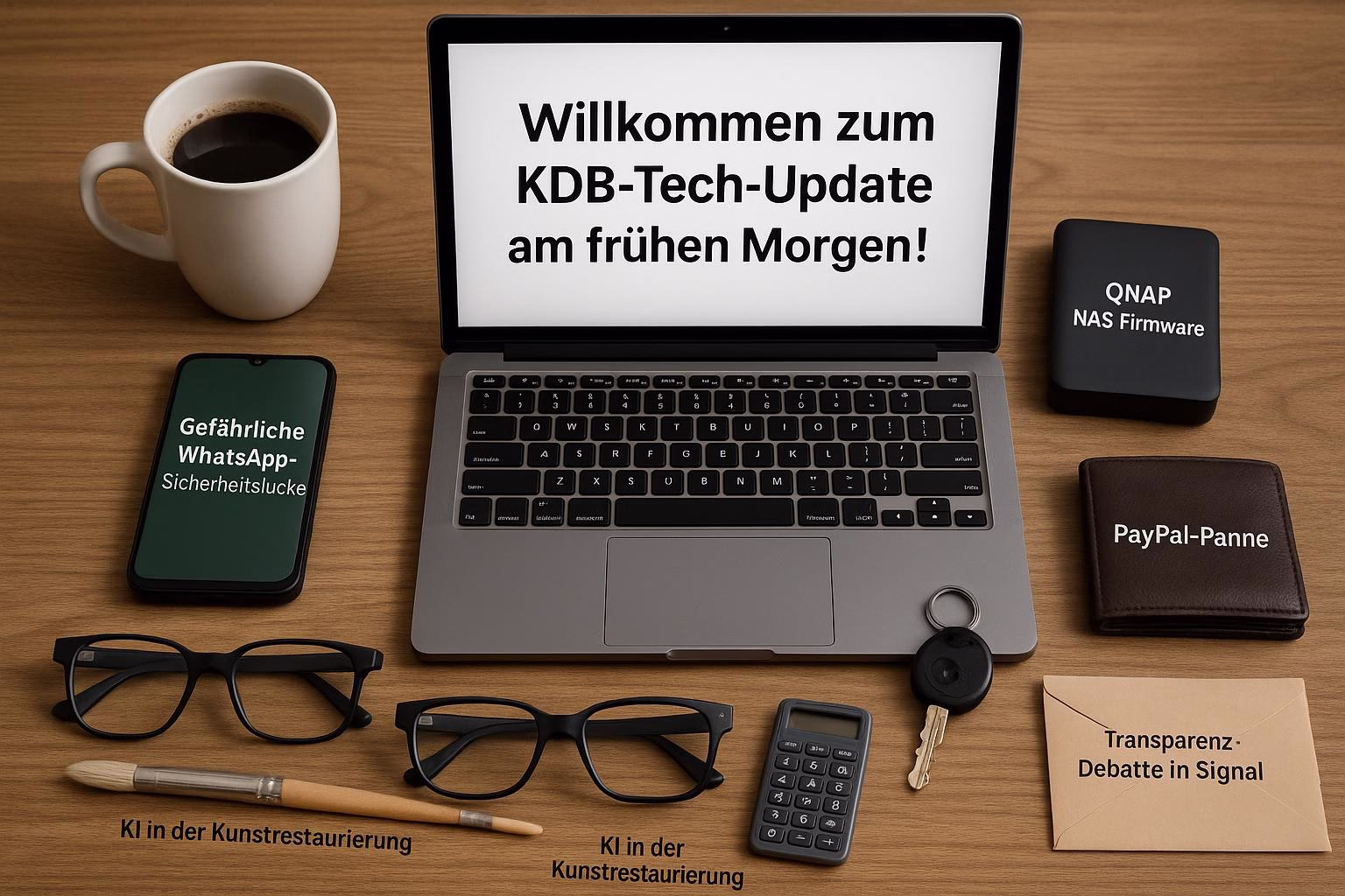 KDB Tech-Update 202509020502 Schreibtisch-Layout: Laptop mit „Willkommen zum KDB-Tech-Update“, daneben Smartphone, NAS-Firmware-Modul, Kaffeetasse, Geldbörse und offene Umschlagkarte.