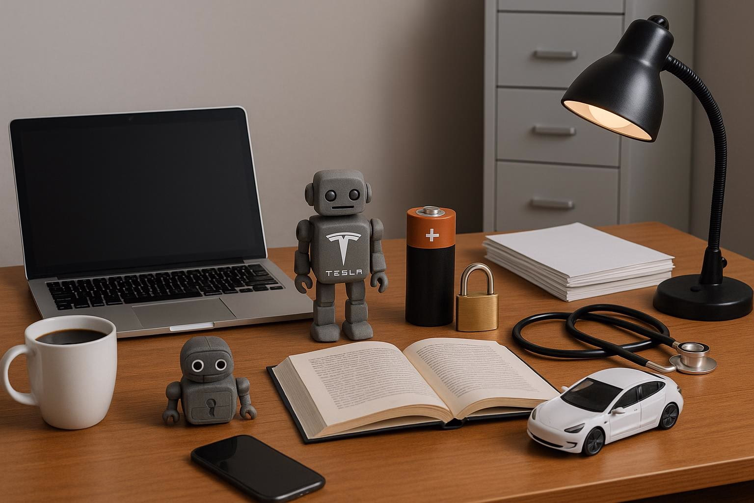 KDB Tech-Update 202509021502 Technik-Schreibtisch: Laptop, Roboterfiguren, Akku, Vorhängeschloss, Stethoskop, offenes Buch, Elektroauto-Modell, Papierstapel, Smartphone, Schreibtischlampe.