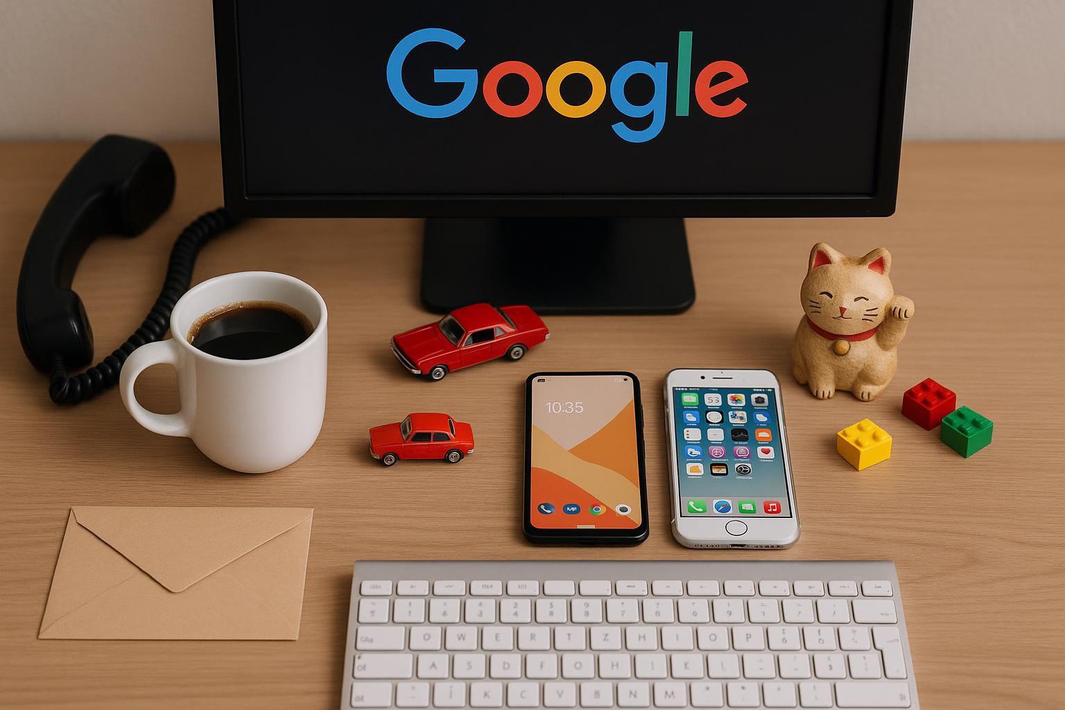KDB Tech-Update 202509030506 Schreibtisch mit Monitor, Kaffeetasse, Tastatur, zwei Smartphones, Modellautos, Katzenfigur, Lego-Steinen und Briefumschlag zur Arbeitsdarstellung.