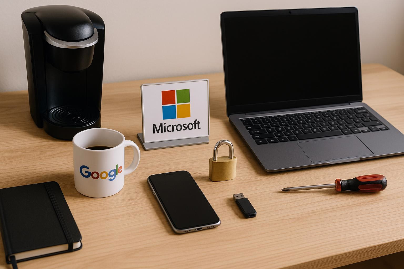 KDB Tech-Update 202509050505 Schreibtisch mit Laptop, Kaffeetasse, Handy, USB-Stick, Vorhängeschloss und Schraubendreher; Darstellung für Arbeits- und Sicherheitskontext.