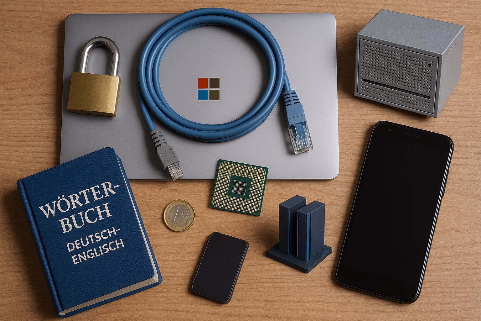 KDB Tech-Update 202509051501 Laptop mit USB-Netzwerk-Kabel, gesperrtem Vorhängeschloss, Miniaturchip, Smartphone, Serverbox und Münze auf Schreibtisch als Technik-Update-Symbol.