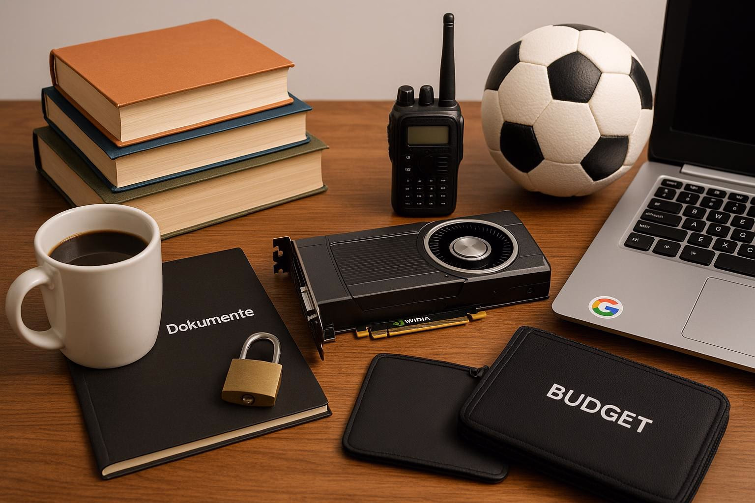 KDB Tech-Update 202509061502 Schreibtisch-Setup mit Laptop, Bücherstapeln, Dokumentenmappen, Kaffeetasse, Grafikarte, Walkie-Talkie, Fußball und Budgetmappe zur Darstellung von Technik und Büro.