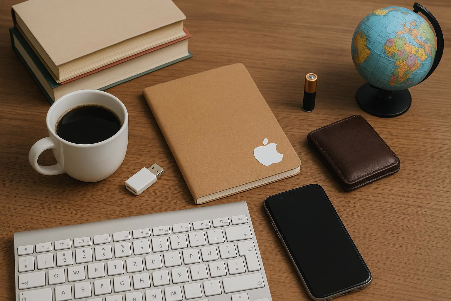 KDB Tech-Update 202509070506 Schreibtisch-Übersicht mit Kaffeetasse, Tastatur, Smartphone, USB-Stick, Notizbuch und Weltkugel zur Arbeits- und Reiseplanung.