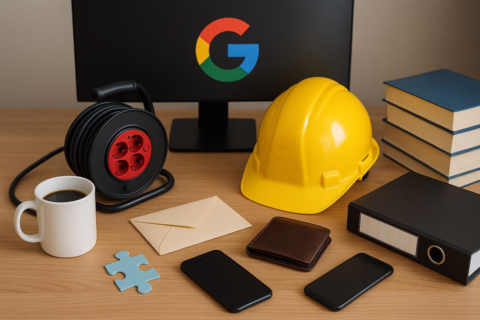 KDB Tech-Update 202509080505 Arbeitsplatz mit Monitor, Kabeltrommel, gelbem Sicherheitshelm, Briefumschlag, Geldbörse, Smartphone und Puzzleteilen als Hinweis auf Technik-Update.