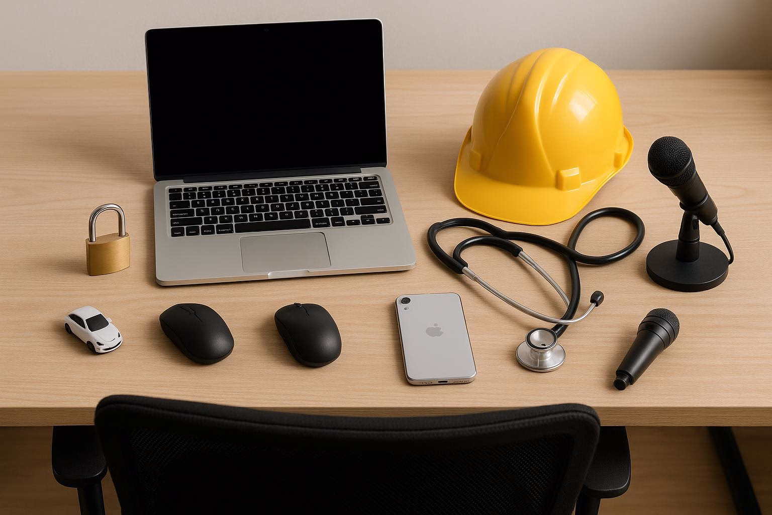 KDB Tech-Update 202509101506 Schreibtisch mit Laptop, Schloss, Helm, Maus, Smartphone, Stethoskop, Mikrofon und Spielzeugauto als technische Arbeits- und Schutz-Setup.