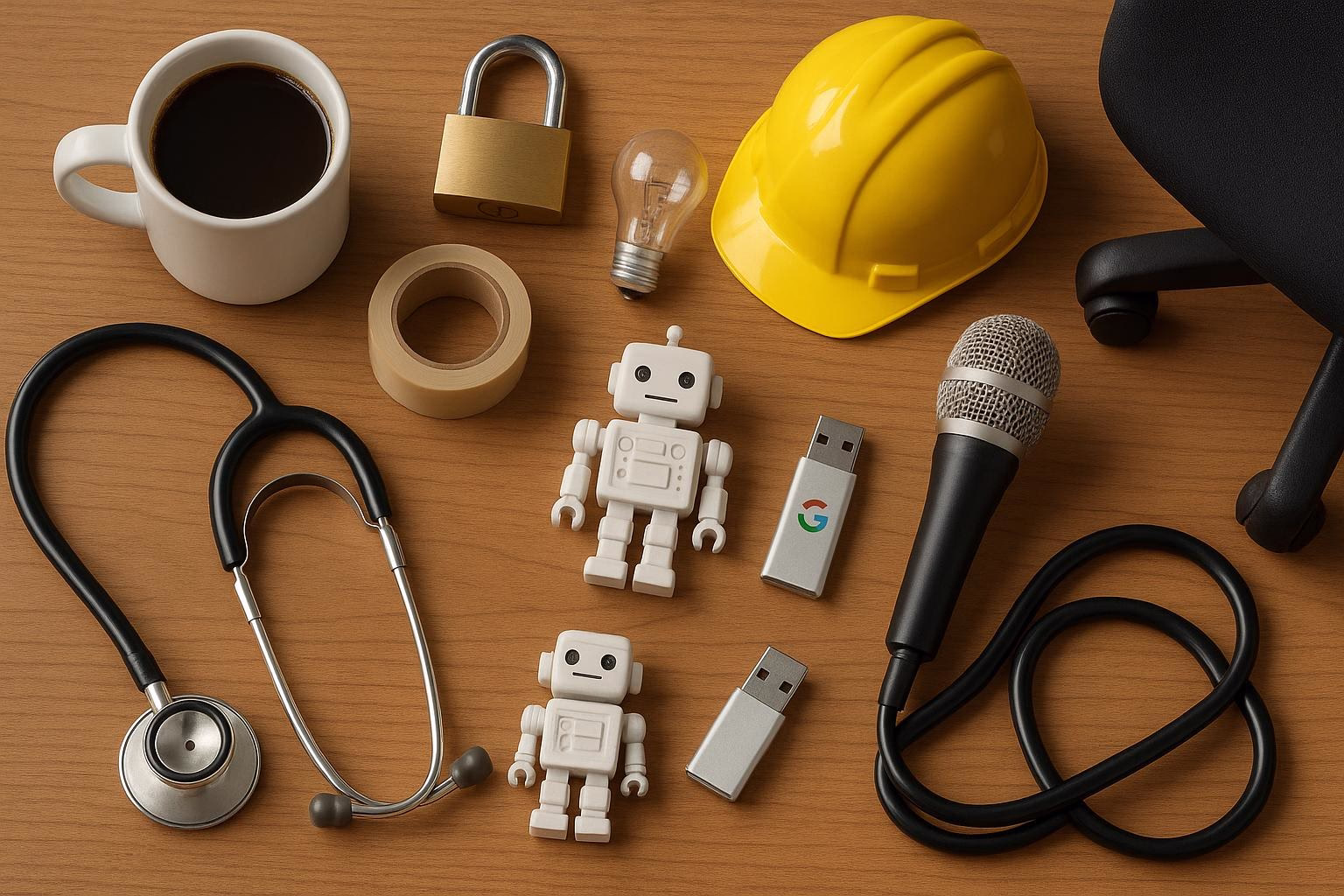 KDB Tech-Update 202509110504 Schreibtisch mit Kaffee, Schloss, Klebeband und Helm; daneben Mikrofon, Stethoskop, USB-Sticks und Roboterfiguren als Technik- und Sicherheits-Update-Setup.