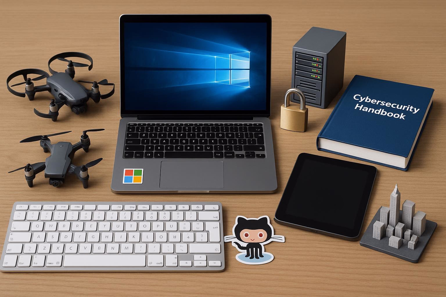 KDB Tech-Update 202509111505 Laptop, Tablet und Server neben Spielzeugdrohnen; Cybersecurity-Handbuch, Schloss als Symbol für Schutz und Sicherheitsausrüstung auf dem Schreibtisch.