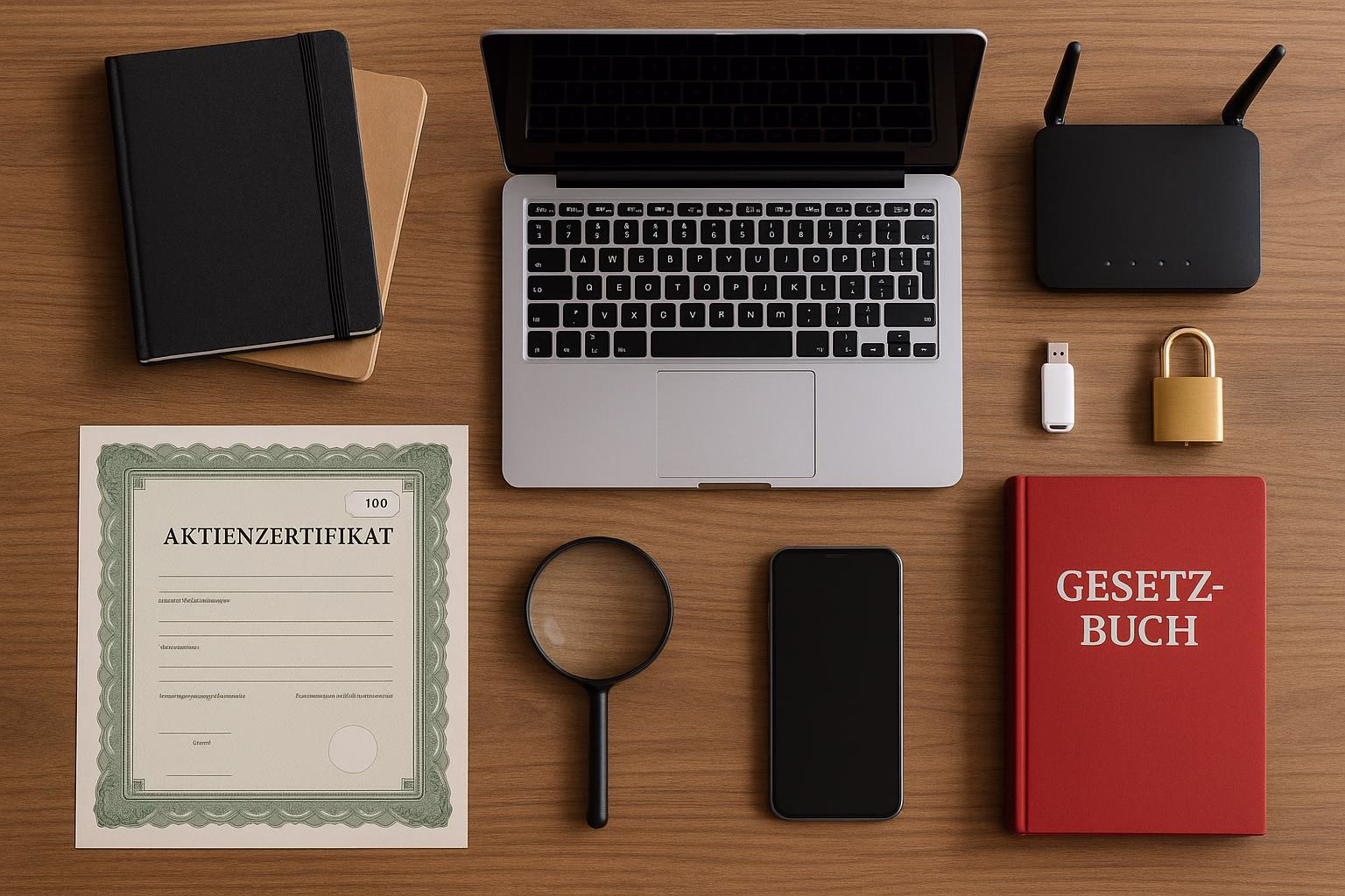 KDB Tech-Update 202509121507 Schreibtisch-Setup mit Laptop, gesichertem USB-Stick, Smartphone, Router, Aktienzertifikat und Gesetzbuch; Symbol für digitalen Finanz- und Rechtszugriff.