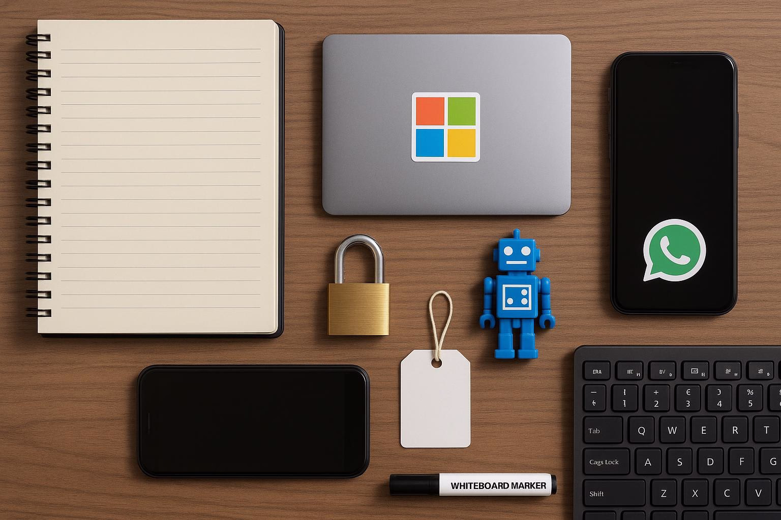 KDB Tech-Update 202509131504 Schreibtisch mit Notizbuch, verschlossenem Vorhängeschloss, Tablet/Laptop, Smartphone mit Chat-Icon, Roboterfigur und Whiteboardmarker—Thema Datensicherheit.