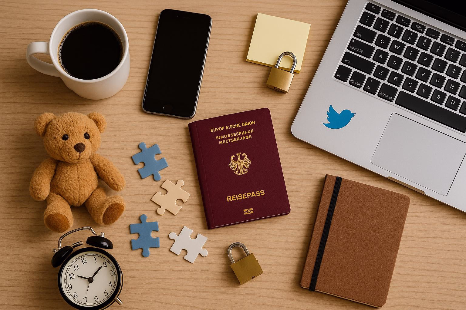 KDB Tech-Update 202509140506 Holzschreibtisch: Kaffeetasse, Smartphone, Laptop mit Sperrsymbol, Reiskpass, Keks-Puzzle, Teddy, Wecker und Vorhängeschloss zur Darstellung von Planung und Sicherheit.