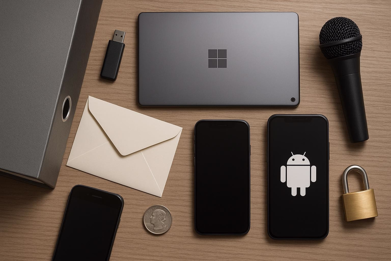 KDB Tech-Update 202509141501 Schreibtisch mit Tablet, Smartphones, USB-Stick, Mikrofon und Schloss; Briefumschlag und Münze liegen als Zubehör für Kommunikation und Sicherheit.
