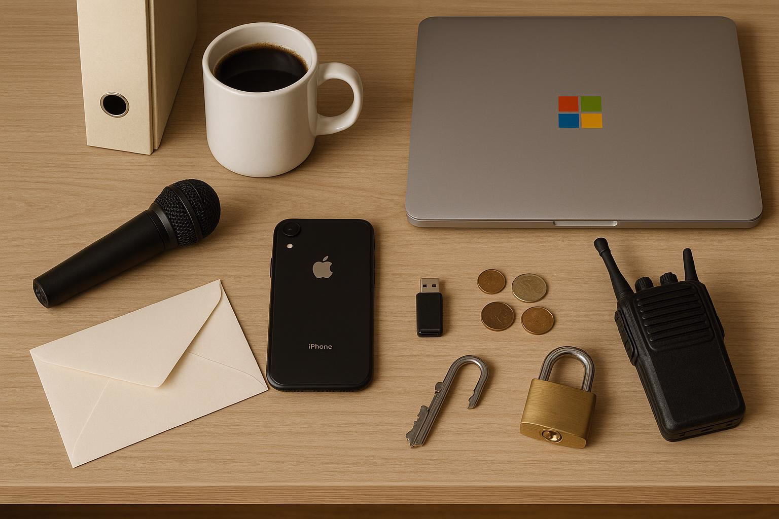 KDB Tech-Update 202509150506 Schreibtisch mit Kaffeetasse, Laptop, Smartphone, Mikrofon, Umschlag, USB-Stick, Walkie-Talkie, Münzen und Schloss als Set für Technik-Update.