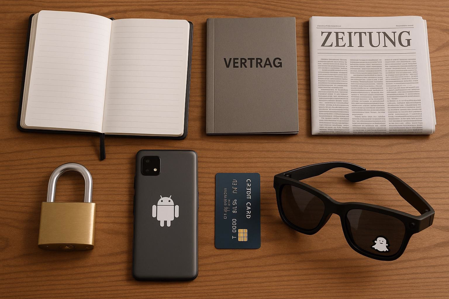 KDB Tech-Update 202509151503 Schreibtisch-Setup mit geöffnetem Notizbuch, grauer Vertragsmappe und Zeitung; Smartphone, Kreditkarte, Vorhängeschloss und AR-Brille als Sicherheits-/Vertragsbezug.