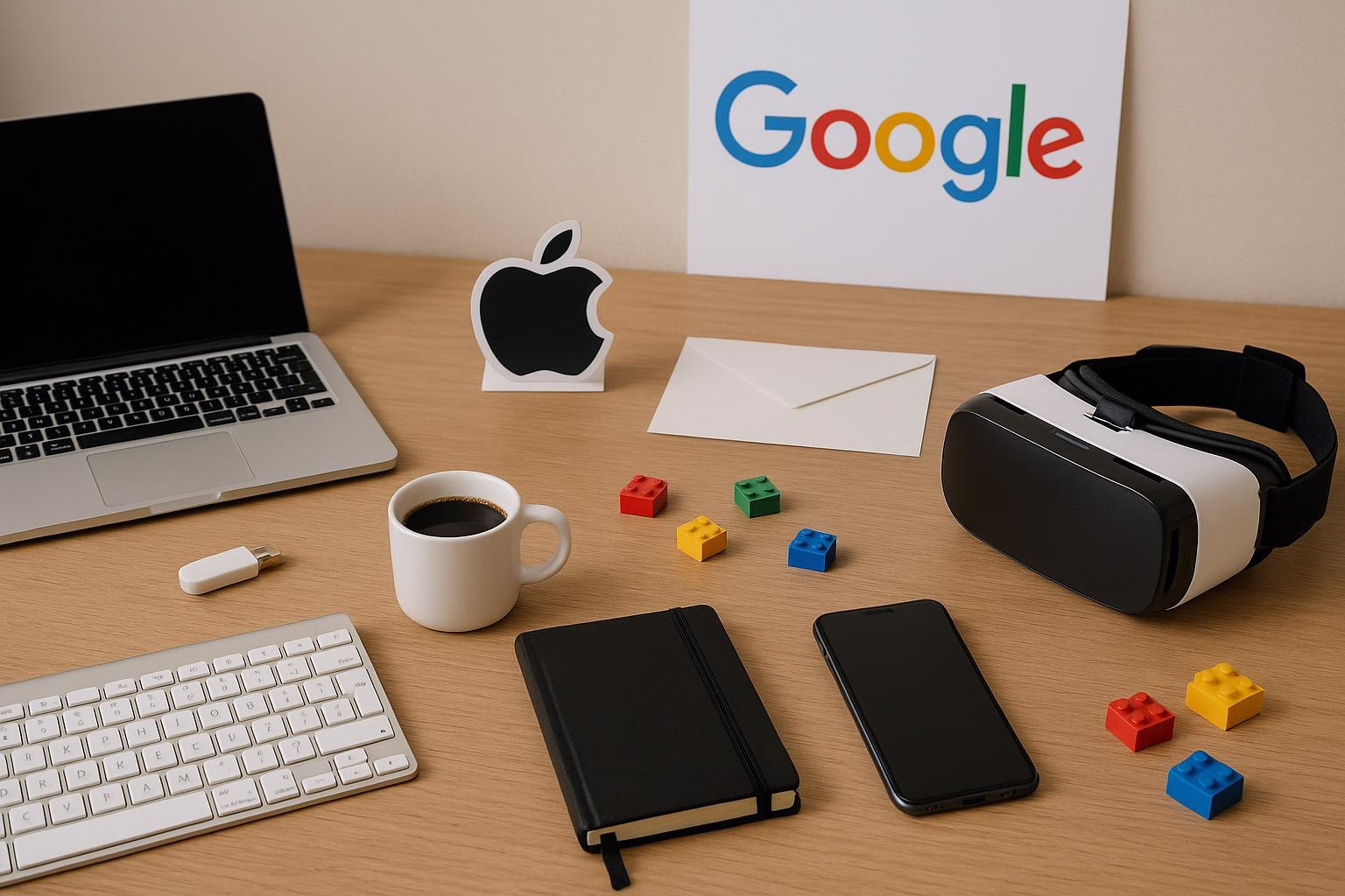KDB Tech-Update 202509161504 Schreibtisch mit Laptop, Smartphone, VR-Brille, Notizbuch und Kaffeetasse; daneben Umschlag, USB-Stick, farbige Bausteine und Papierplakate.
