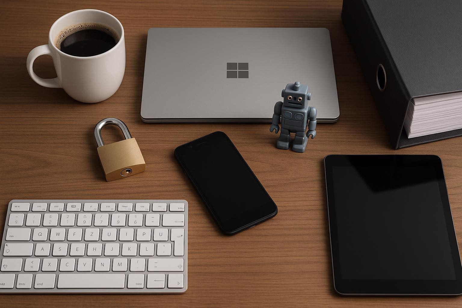 KDB Tech-Update 202509170502 Schreibtisch-Setup: Laptop, Smartphone, Tablet, Tastatur und Smartphone mit Vorhängeschloss, Roboterfigur und Kaffeetasse daneben.