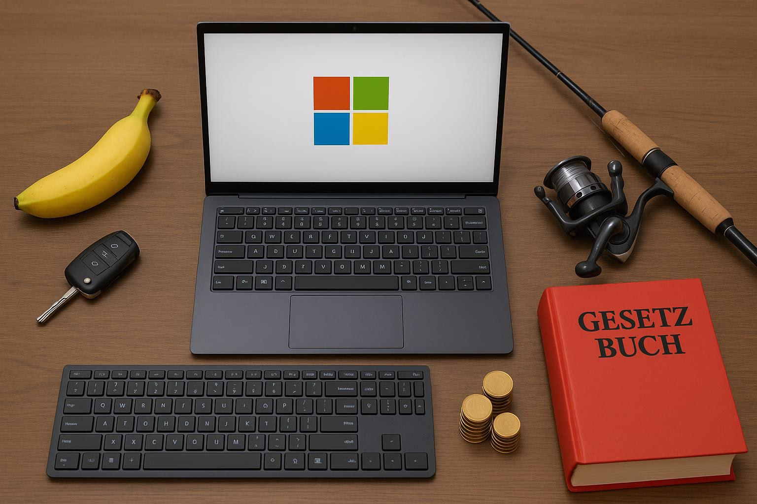 KDB Tech-Update 202509171504 Schreibtischansicht: Laptop mit Windows-Startsymbol, Tastatur, Angelrute, Auto-Fernbedienung und Münzstapel neben „Gesetzbuch“.