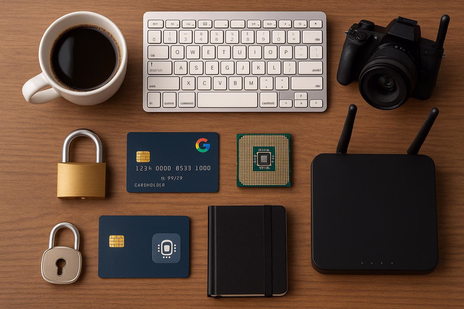 KDB Tech-Update 202509181503 Schreibtisch mit Tastatur, Kaffeetasse, Digitalkamera sowie Karten und Schlössern, die Datensicherheit und IT-Zubehör veranschaulichen.
