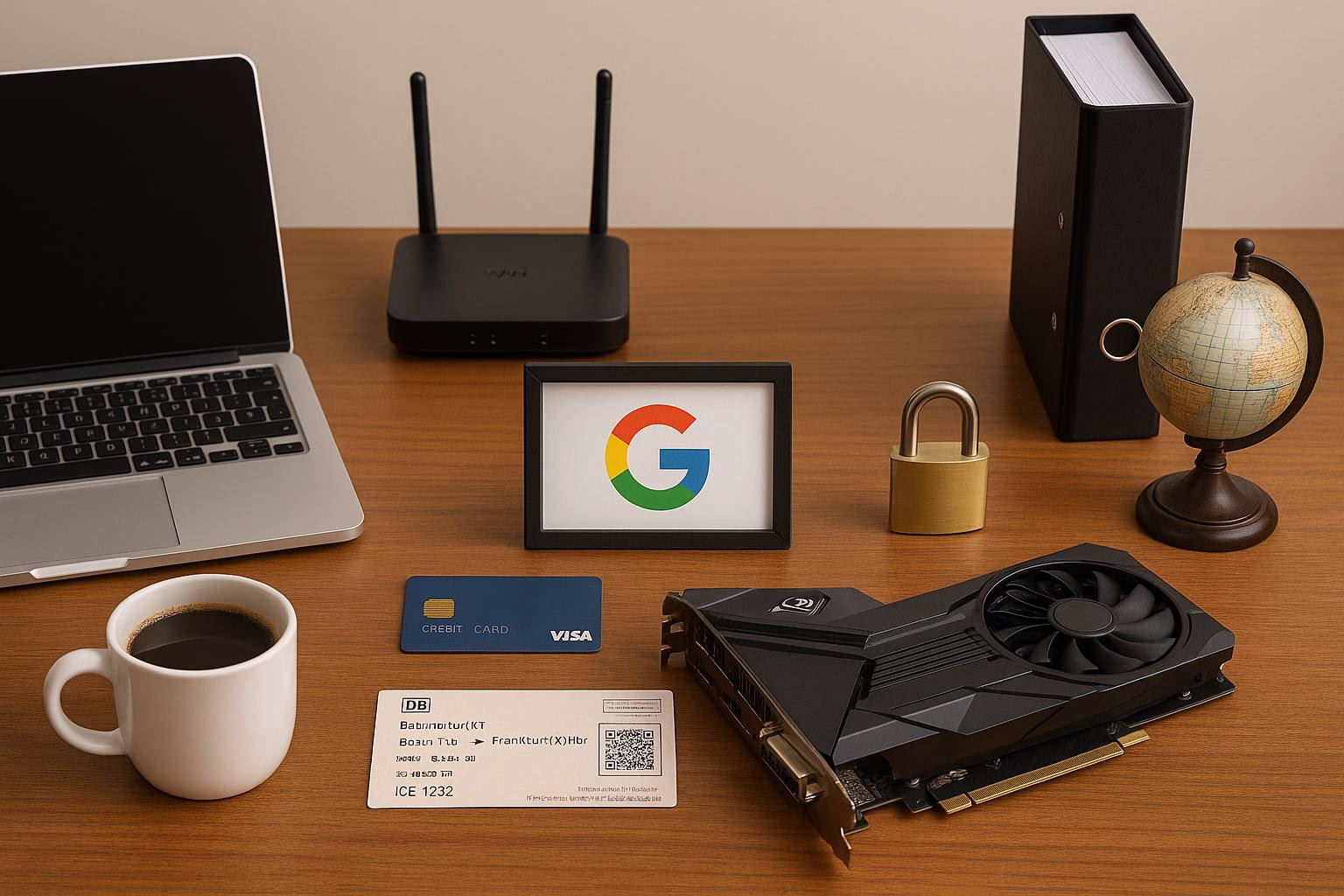 KDB Tech-Update 202509190504 Schreibtisch mit Laptop, Router, verpackter Hardware und Geldkarten neben verschlossenem Schloss, Globus und Zugticket; symbolisiert Technik und Sicherheit.