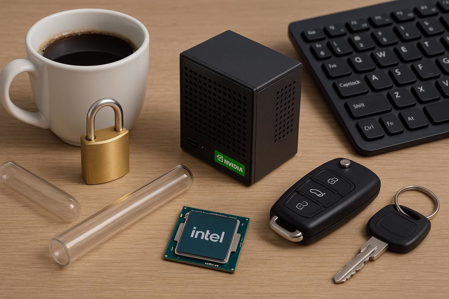 KDB Tech-Update 202509191505 Schreibtisch mit Kaffeetasse, Vorhängeschloss, Mini-Server, Reagenzglas, Mikrochip, Autoschlüsseln und Tastatur – steht für IT-Sicherheit und Technik.