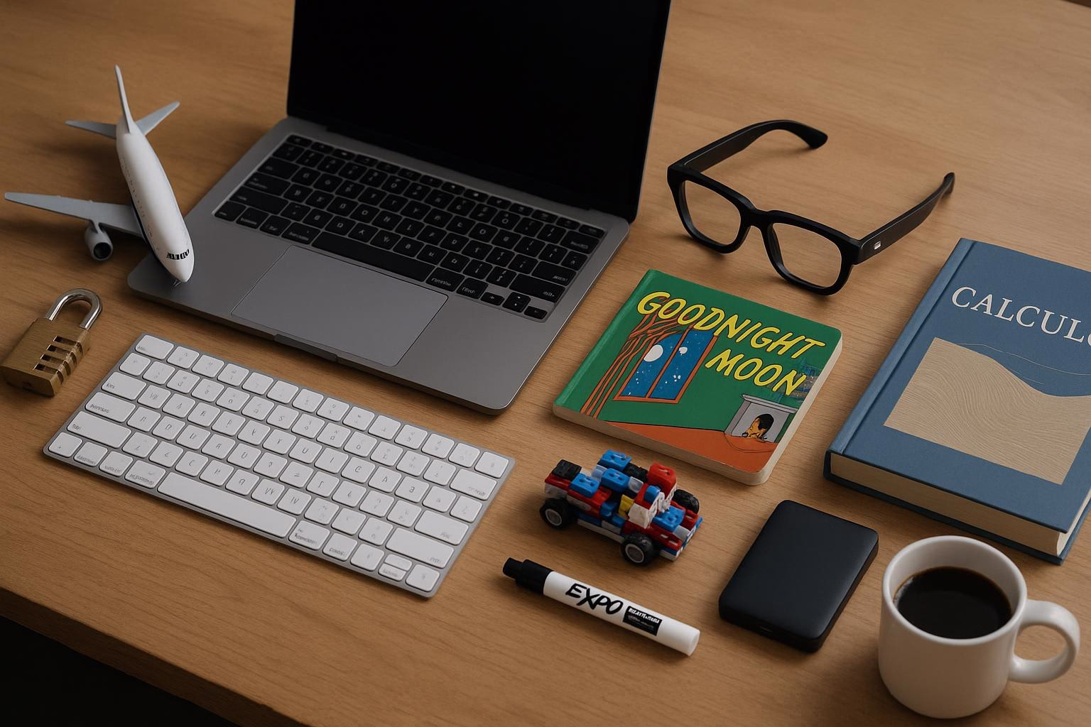 KDB Tech-Update 202509201504 Schreibtisch-Ansicht mit Laptop, Tastatur, Smarter Brille, Kinderbuch, Bauzug, Stiften, externer Festplatte und Kaffeetasse als Arbeitsmaterial.