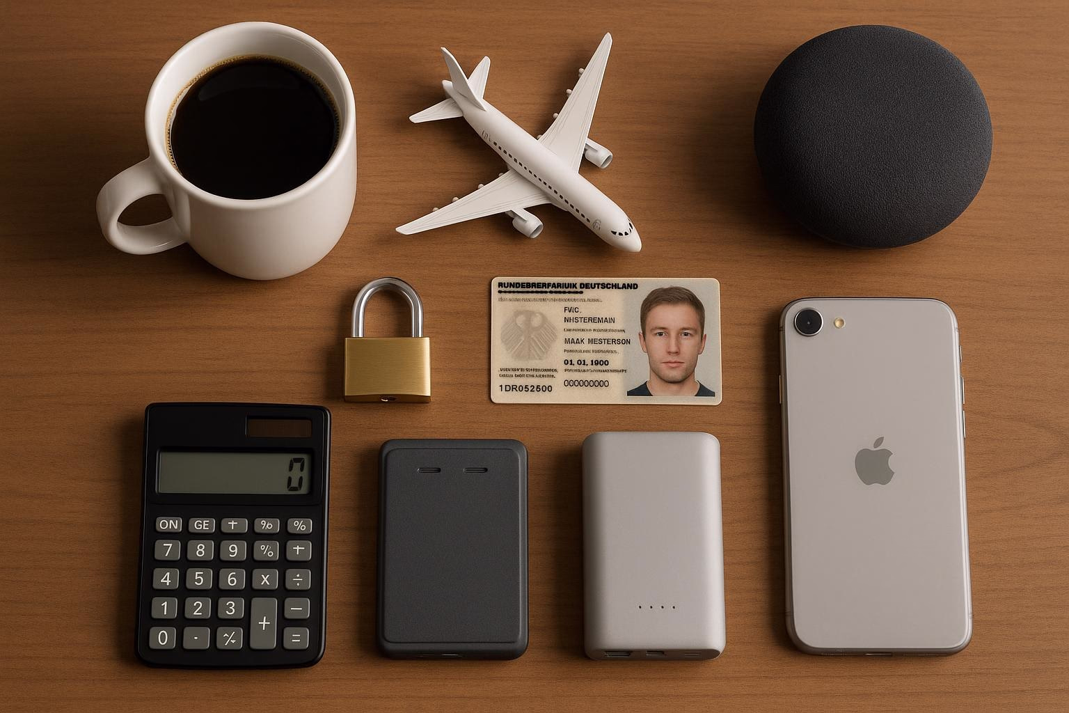 KDB Tech-Update 202509210506 Schreibtisch mit Kaffeetasse, Flugzeugspielzeug, Vorhängeschloss, Ausweiskarte, Taschenrechner, Powerbank und Smartphone als Symbol für Technik, Sicherheit und Mobilität.