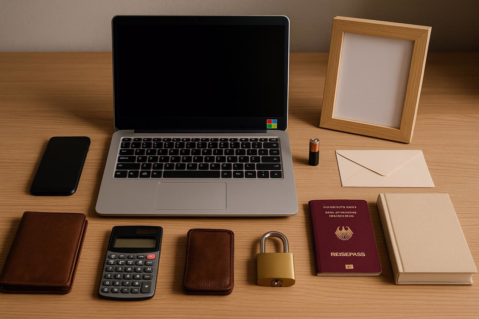 KDB Tech-Update 202509211506 Schreibtisch mit Laptop, Smartphone, Taschenrechner und verschlossenem Vorhängeschloss; Reisepass, Geldbörse, Briefumschlag und Notizbuch zur Arbeitsorganisation.