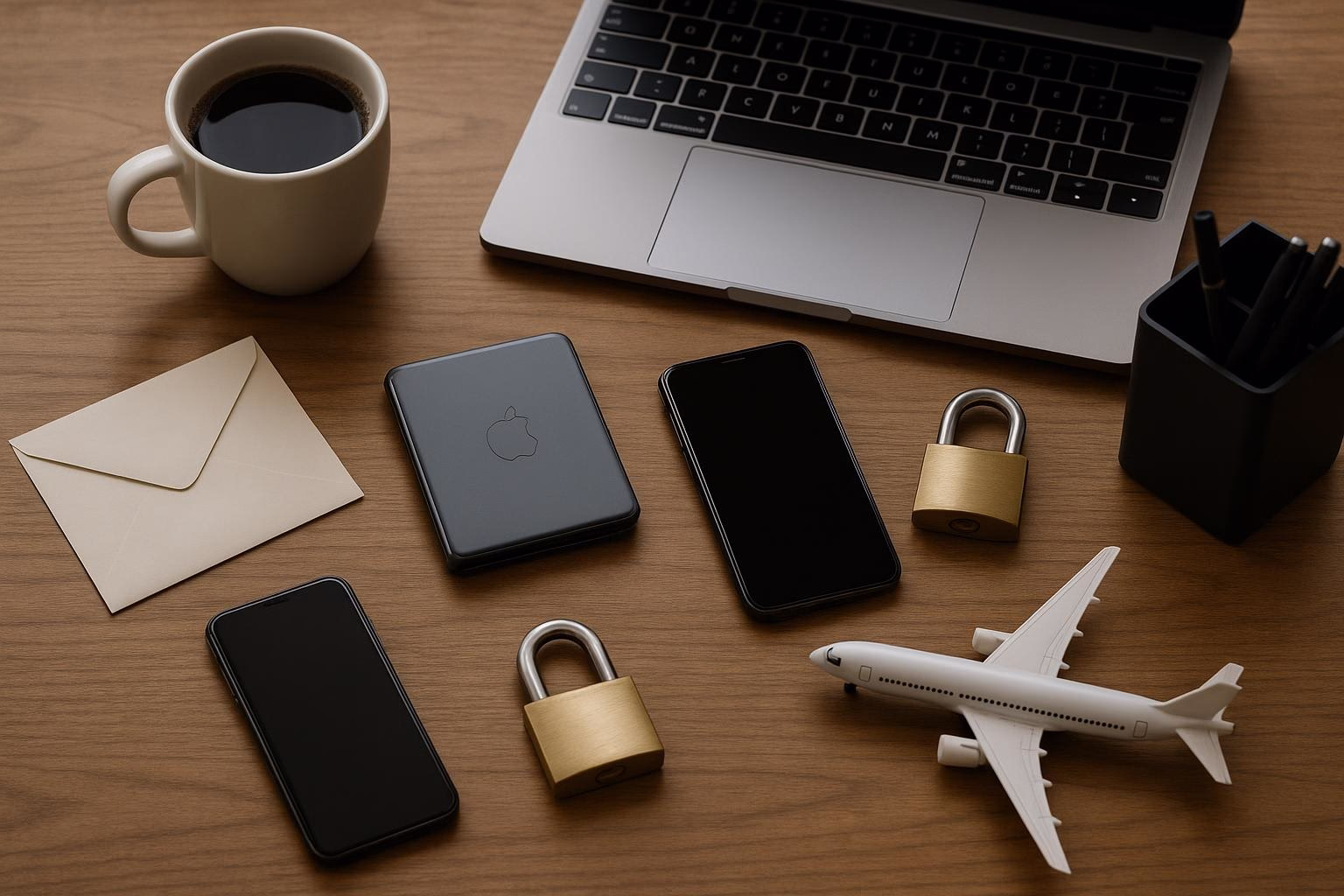 KDB Tech-Update 202509220505 Schreibtisch: Laptop mit Tastatur, mehrere Smartphones und gesperrte Geräte, Kaffeetasse, Umschlag, Flugzeug-Modell—zeigt Technik- und Sicherheits-Thema.