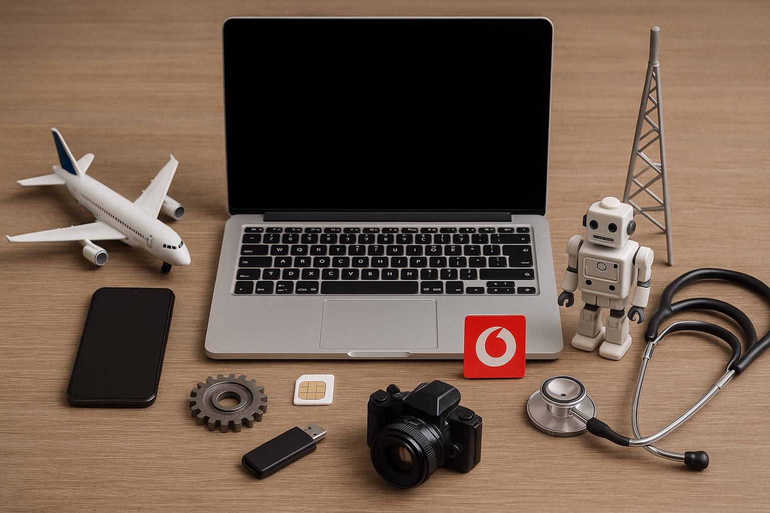 KDB Tech-Update 202509221504 Schreibtisch-Setup mit Laptop, Roboterfigur, Stethoskop, Digitalkamera, Zahnrädern, SIM-Karte und USB-Stick zur Darstellung von Technik und Gesundheit.