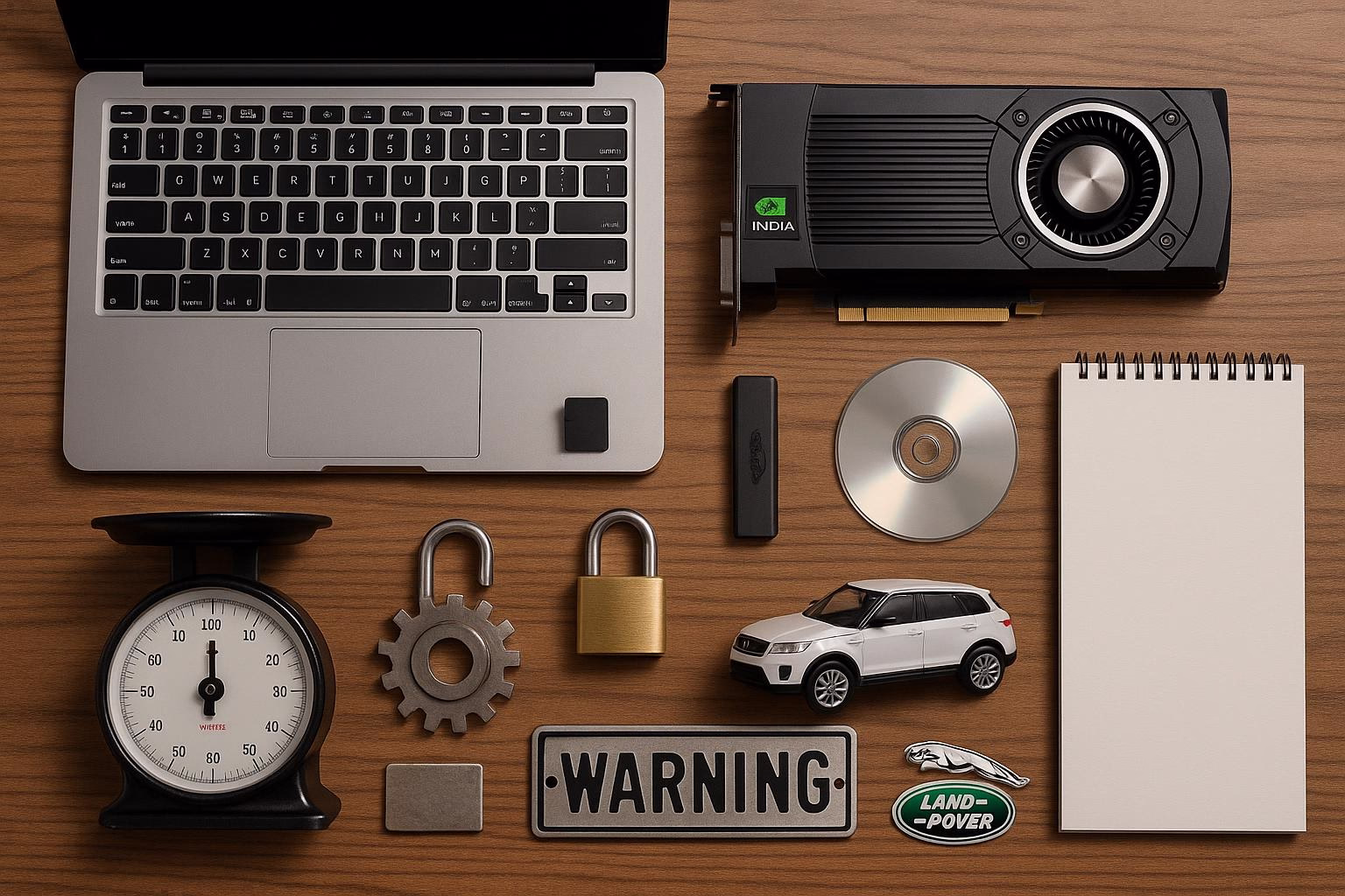 KDB Tech-Update 202509231503 Übersicht einer Arbeitsfläche: Laptop, Grafikkarte, Fire-TV-Stick, Schloss, Zahnrad, Waage, Mini-Auto, DVD und Notizblock zur Technik- und Sicherheitsdarstellung.