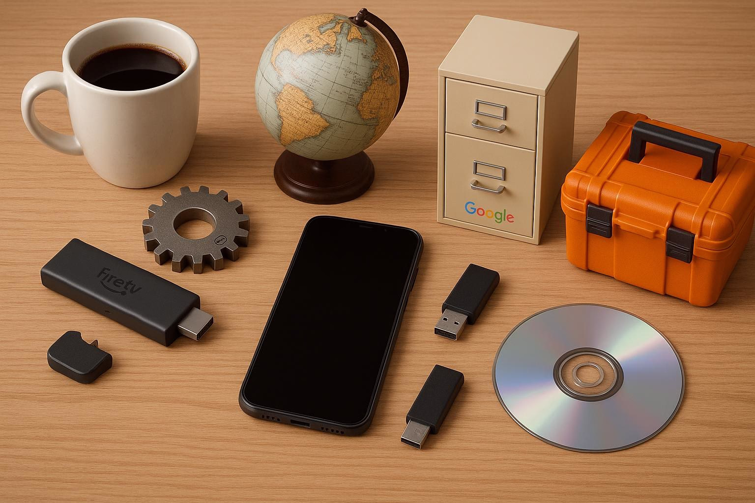 KDB Tech-Update 202509240503 Schreibtisch mit Globus, Kaffeetasse, Schubladenbox, Smartphone, USB-Stick, DVD-Disc und orangefarbenem Werkzeugkasten als Technik-Setup.