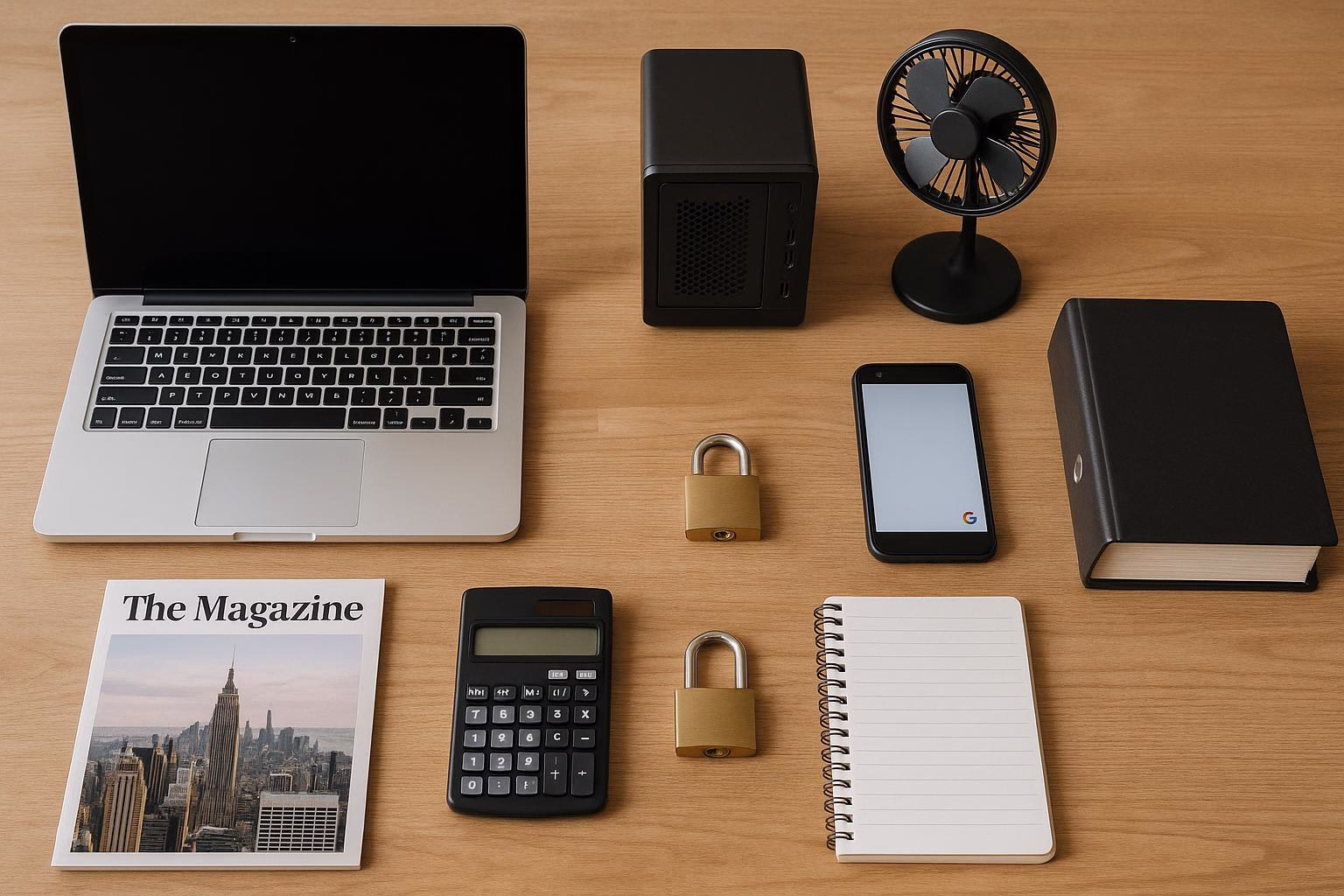 KDB Tech-Update 202509241501 Übersicht eines Schreibtisch-Setups: Laptop, Mini-Server, Smartphone, USB-Ventilator, Taschenrechner, Aktenordner, Notizblock und zwei Vorhängeschlösser.