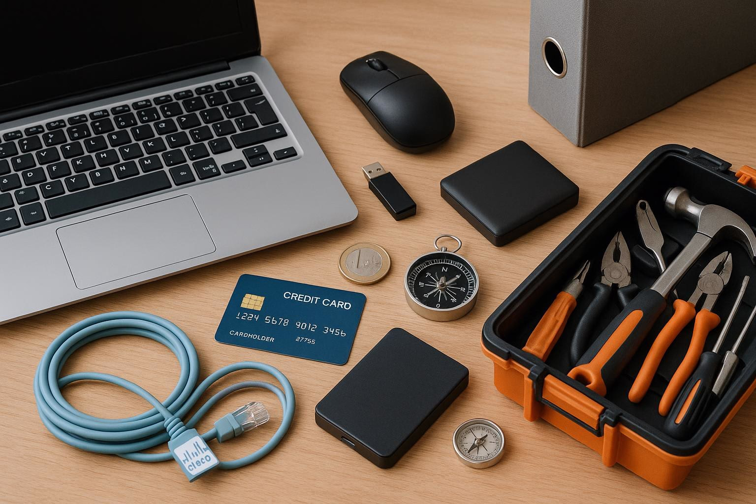KDB Tech-Update 202509251504 Schreibtisch mit Laptop, USB-Stick, externer Festplatte, Netzwerkkabel, Kreditkarte, Kompass und Werkzeugset für Technik-Update.