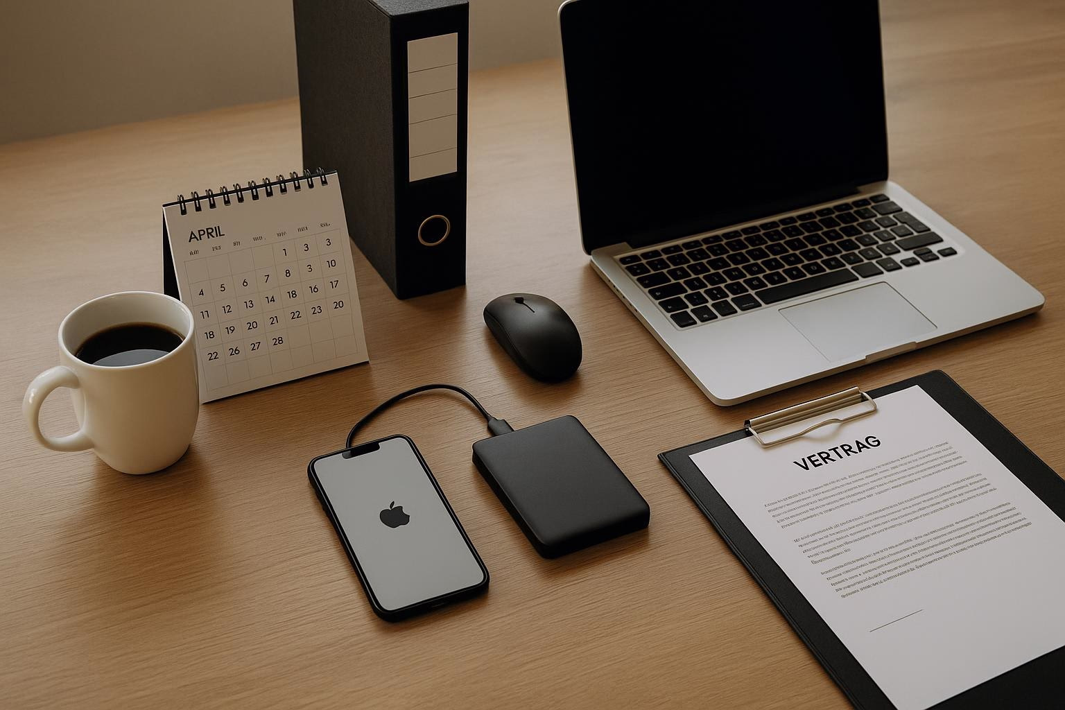 KDB Tech-Update 202509260502 Arbeitsplatz mit Laptop, externer Festplatte, Kalender, Smartphone-Ladegerät und ausgefülltem Vertragsdokument für Vertrags- und Terminorganisation.