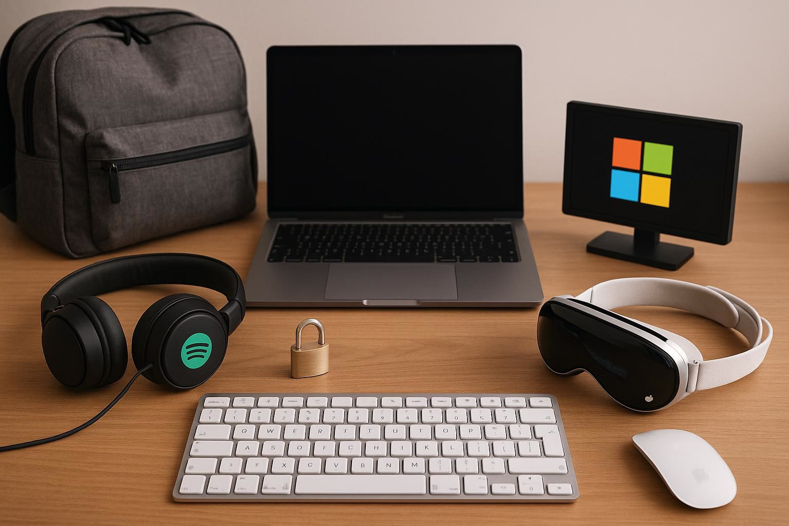KDB Tech-Update 202509271503 Schreibtisch mit Laptop, Tastatur, Headsets, AR-Brille, Rucksack und Schloss als Symbol für sichere IT-Workflows.