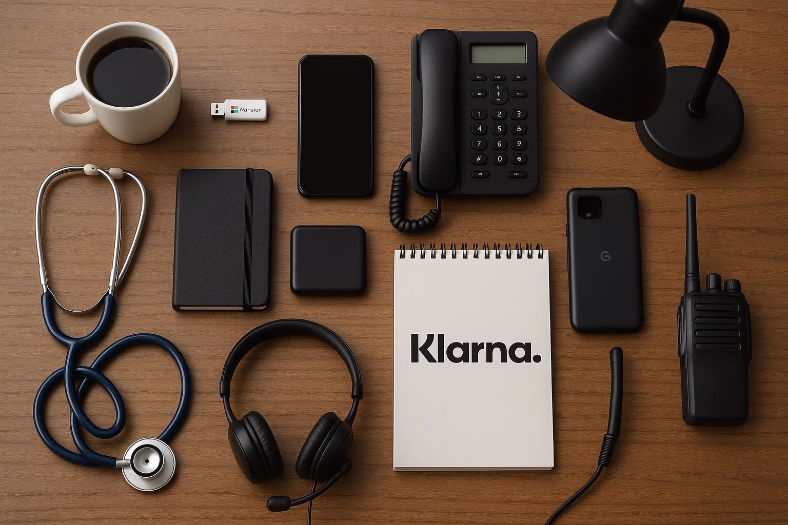 KDB Tech-Update 202509281503 Schreibtisch mit Kaffee, Mobiltelefonen, Festnetztelefon, USB-Stick, Stethoskop, Headset, Notizbuch und Lampe als Symbol für Technik-Update.
