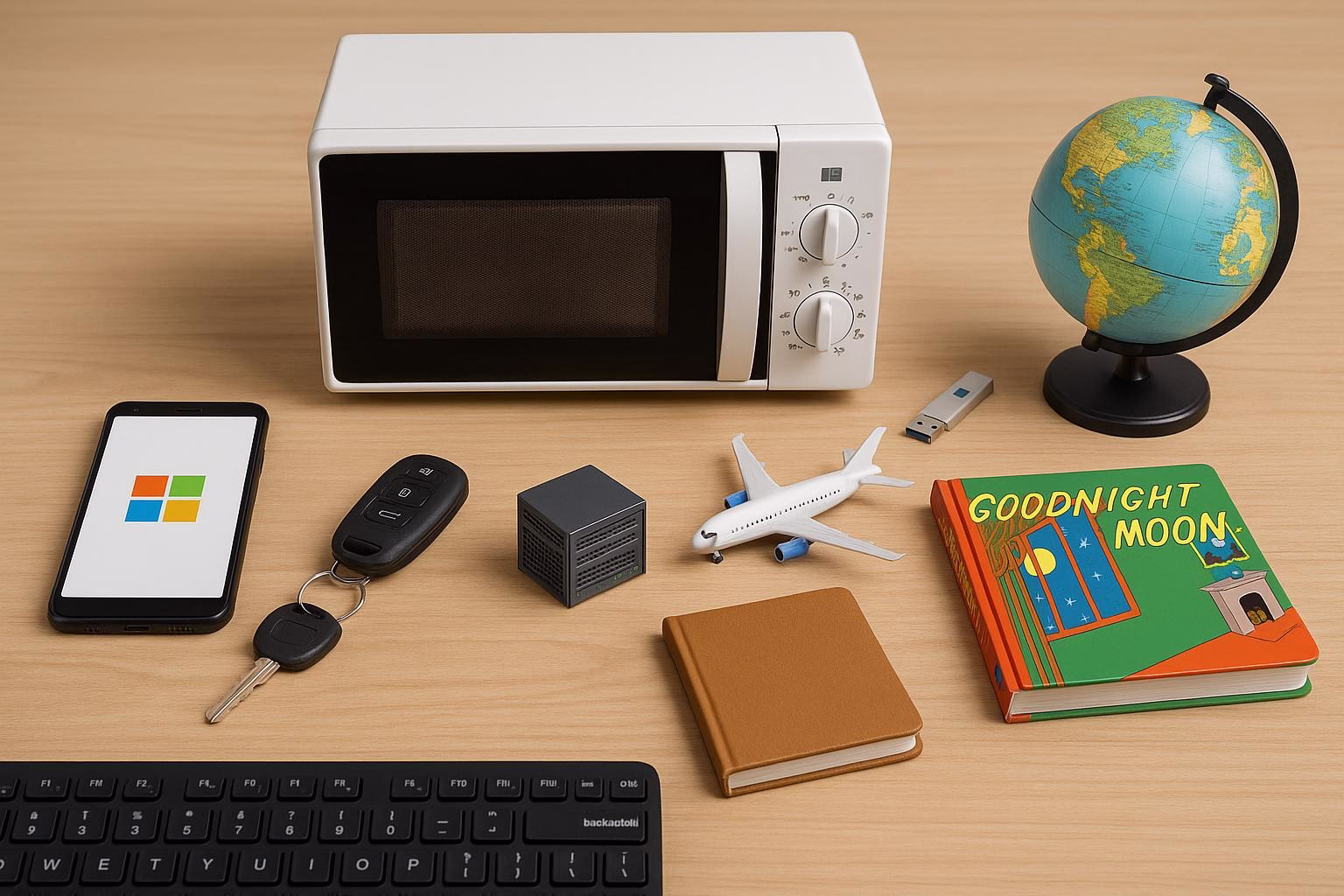 KDB Tech-Update 202509291505 Schreibtisch mit Mikrowelle, Tablet, USB-Stick, Autoschlüssel, Server-Modell, Flugzeugmodell, Globus und Büchern zur Technik-/Reise-Darstellung.