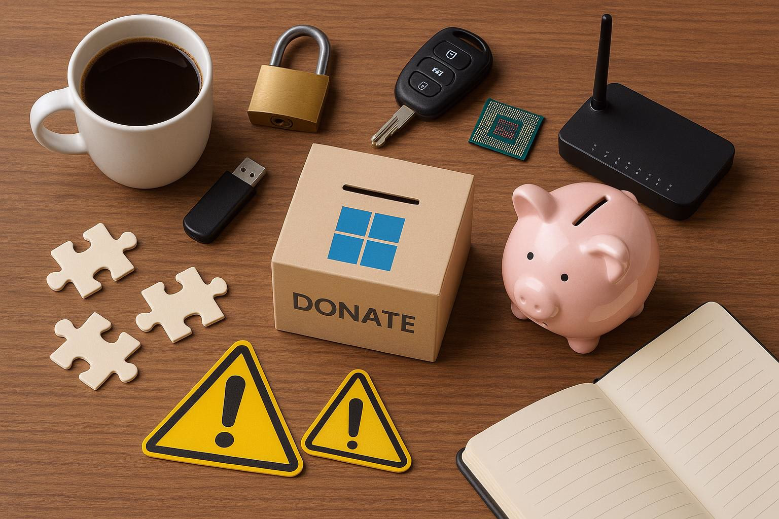 KDB Tech-Update 202509300506 Schreibtisch mit Kaffeetasse, Schloss, Autoschlüssel, Router, Mikrochip, Spendenbox, Sparschwein, Warnschildern und Puzzleteilen zum Symbolisieren von IT-Spende.