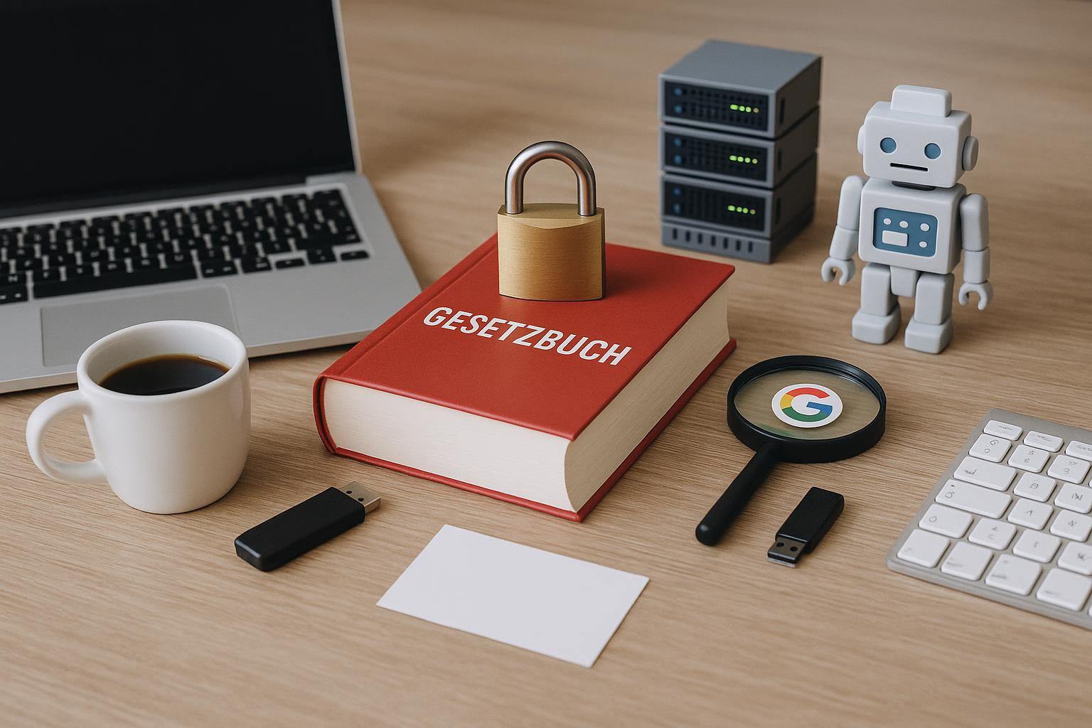 KDB Tech-Update 202509301504 Vorhängeschloss auf „Gesetzbuch“, flankiert von Laptop, Roboterfigur und USB-Sticks; Symbol für Zugriffsschutz und rechtssichere Technikprüfung.