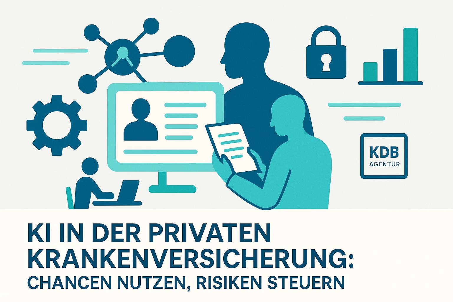 bild-ki-recherche-1 Illustration mit Person am Computer, Icons für Netzwerk, Sicherheit und Diagrammen; Hinweistext zu KI in der privaten Krankenversicherung.