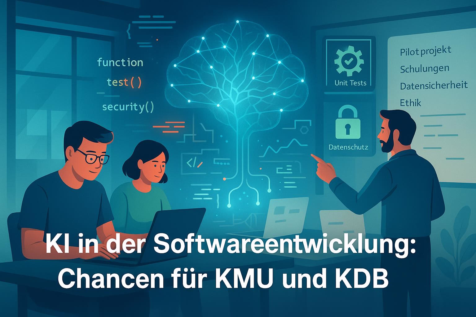 bild-ki-recherche Illustration: Team vor Cloud-KI, Programmcode und Symbole für Unit-Tests, Datenschutz, Ethik—visualisiert KI-Chancen für KMU und KDB.