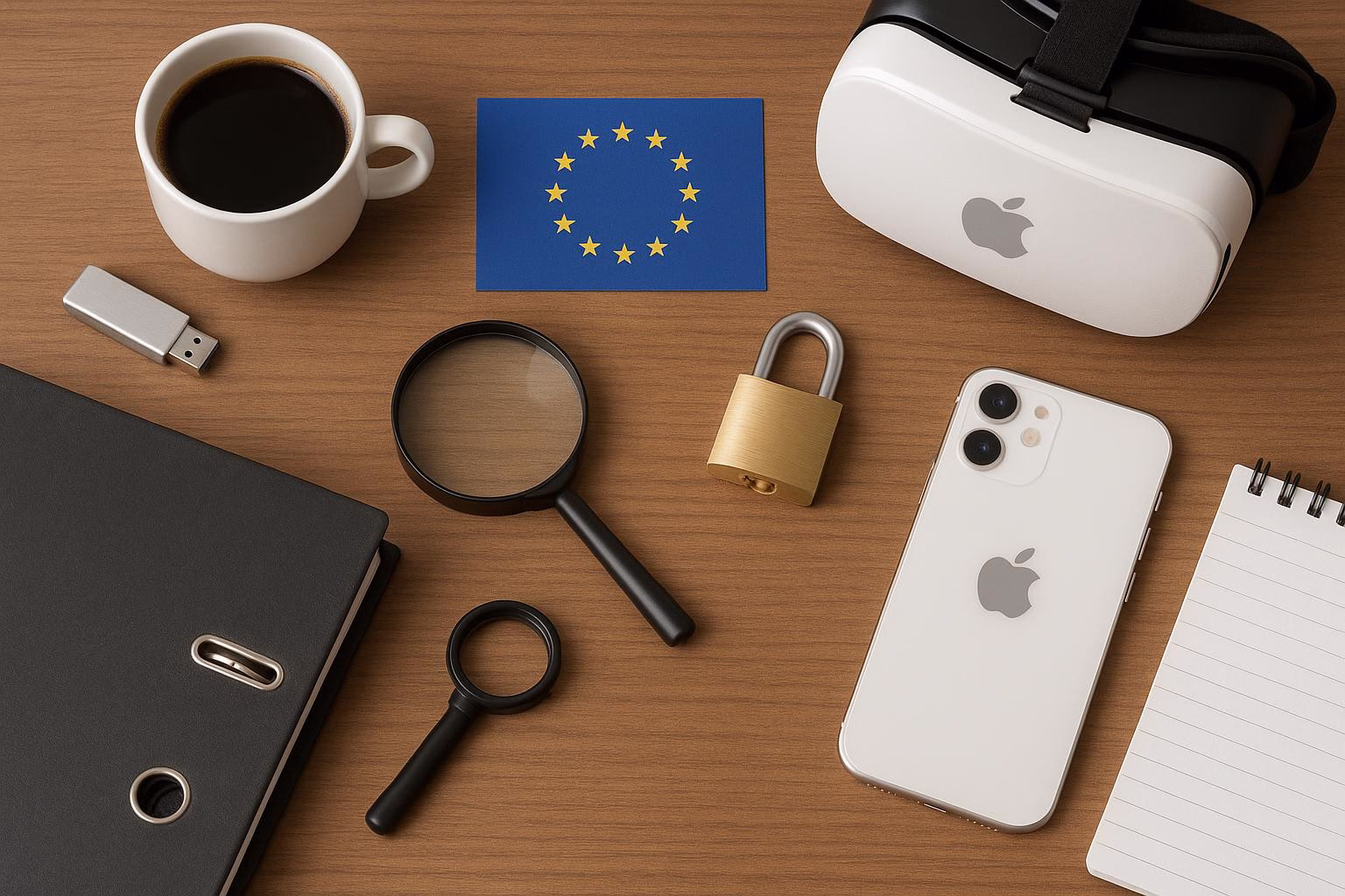 KDB Tech-Update 202510010501 Schreibtisch-Layout mit VR-Headset, Smartphone, EU-Flagge, gesperrtem Vorhängeschloss, Lupe und Datenträgern zur Visualisierung von Sicherheit & Technik.