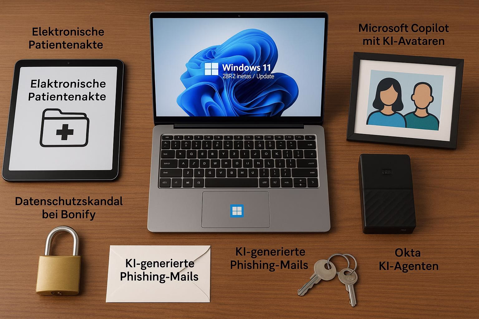 KDB Tech-Update 202510011505 Schreibtisch-Setup mit Laptop, Tablet, KI-Avatare-Bilderrahmen, verschlüsseltem Schloss, Phishing-Briefumschlag und Schlüsselbund als Symbol für Datensicherheit und KI-Themen.