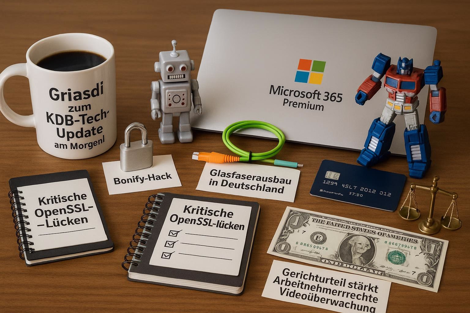 KDB Tech-Update 202510030502 Schreibtisch mit Kaffeetasse, Roboterfigur, Laptop mit Aufkleber, Vorhängeschloss, Glasfaserkabeln, Notizbüchern und Geldschein als Themen-Icons.
