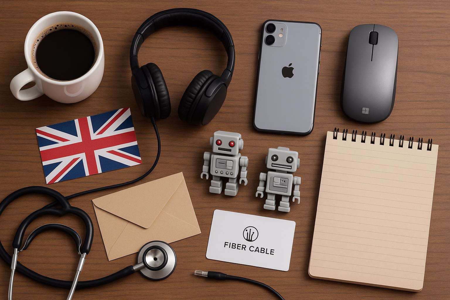 KDB Tech-Update 202510031507 Schreibtisch-Layout mit Kaffeetasse, Kopfhörern, Smartphone, Maus, zwei Roboterfiguren, Umschlag, Stethoskop, Glasfaserkabel und Notizblock.
