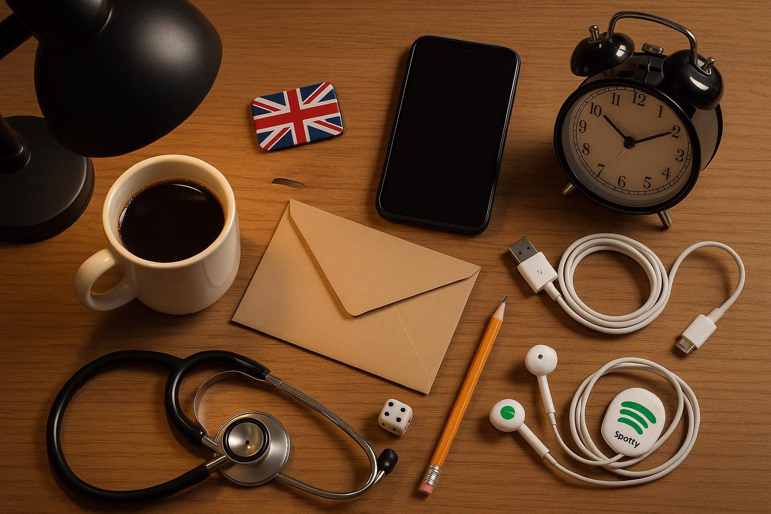 KDB Tech-Update 202510040503 Schreibtisch-Übersicht: Kaffeetasse, Umschlag, Smartphone, Wecker, Stethoskop und Lade-/Kabel; Elemente für Arbeit, Kommunikation und Zeitmanagement.