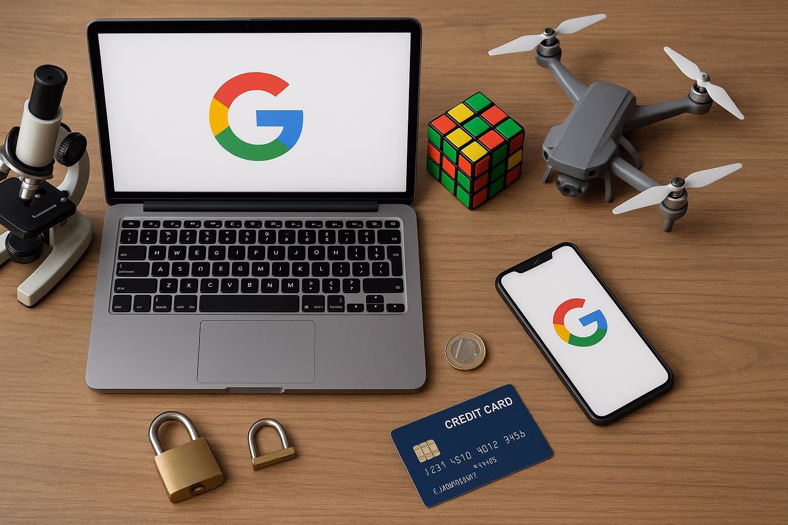 KDB Tech-Update 202510041501 Schreibtisch mit Laptop und Smartphone, Sperr- und Sicherheitsobjekten; zeigt Symbole für Technologie, Zahlungsfähigkeit und Schutzsysteme.