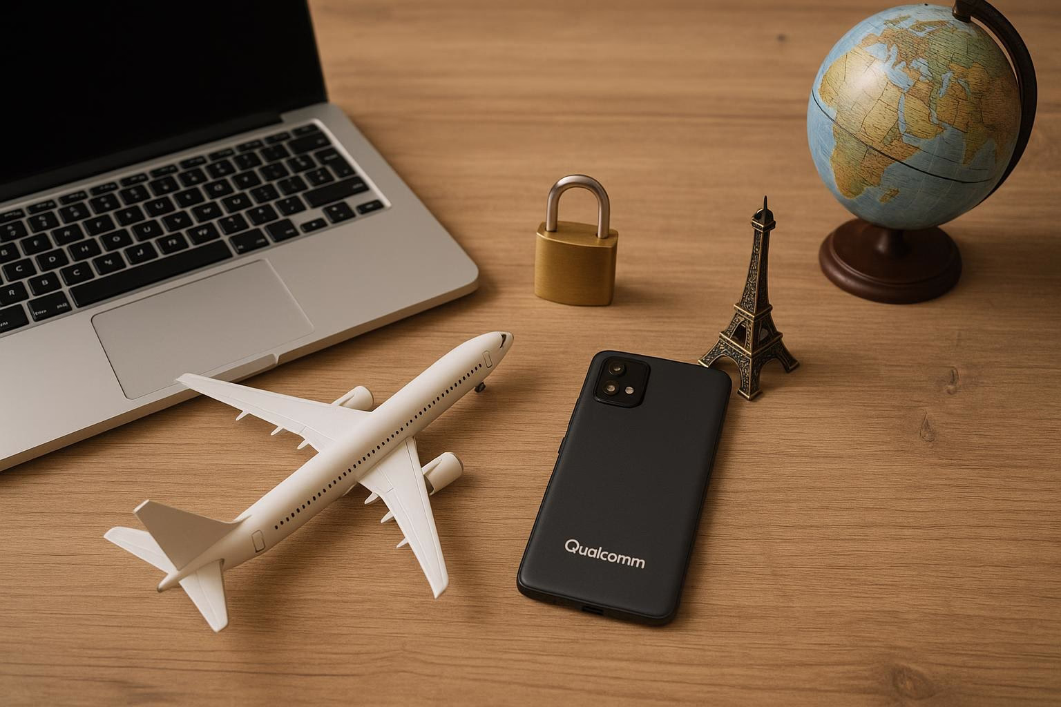 KDB Tech-Update 202510050504 Schreibtisch mit Laptop, Flugzeugmodell, geöffnetem Schloss, Smartphone, Mini-Eiffelturm und Globus als Symbol für Reiseplanung und Technik.