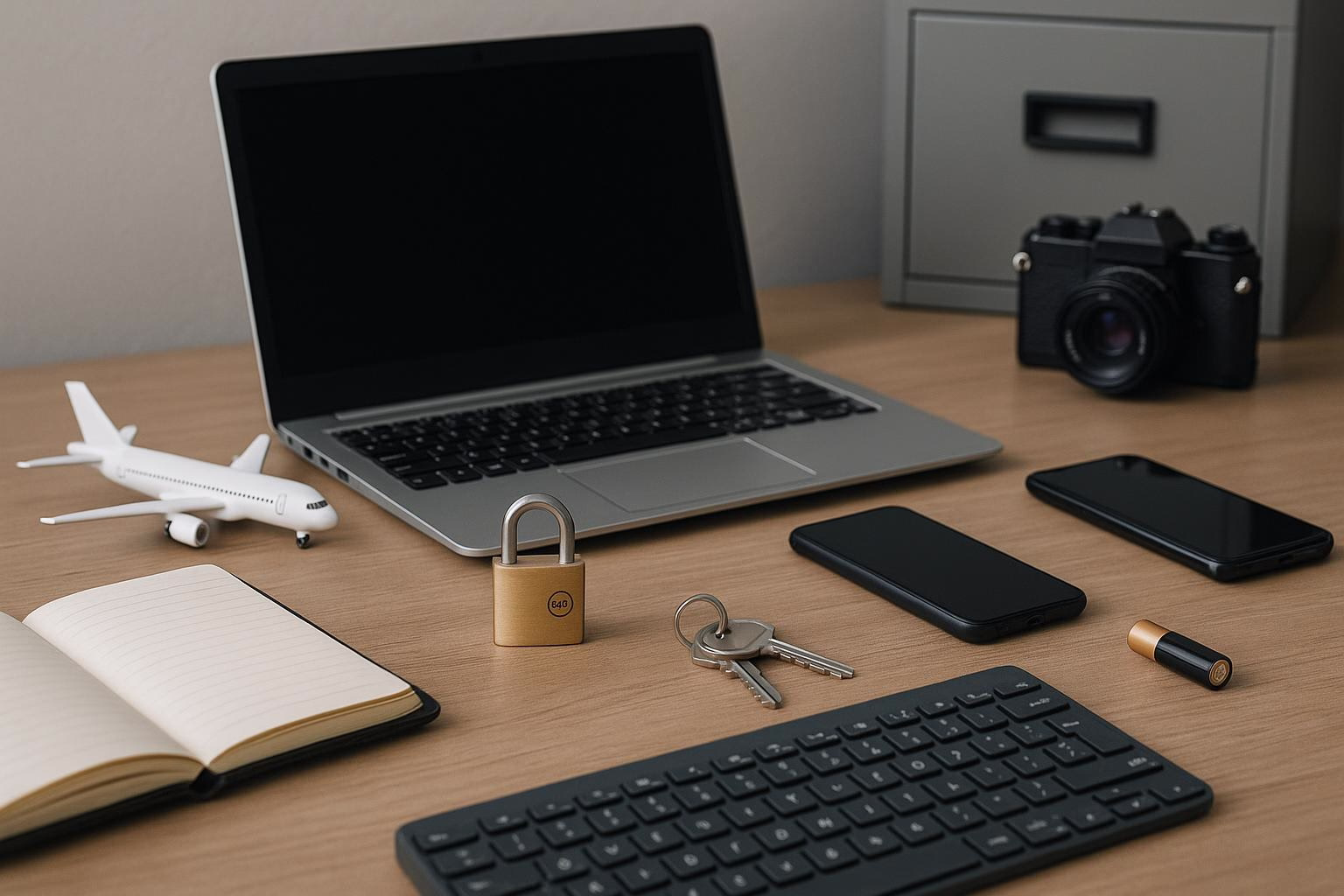 KDB Tech-Update 202510051506 Laptop mit Tastatur, geöffnetes Notizbuch und Smartphone, davor ein Vorhängeschloss an einem Schlüsselbund—Symbol für sichere Daten.
