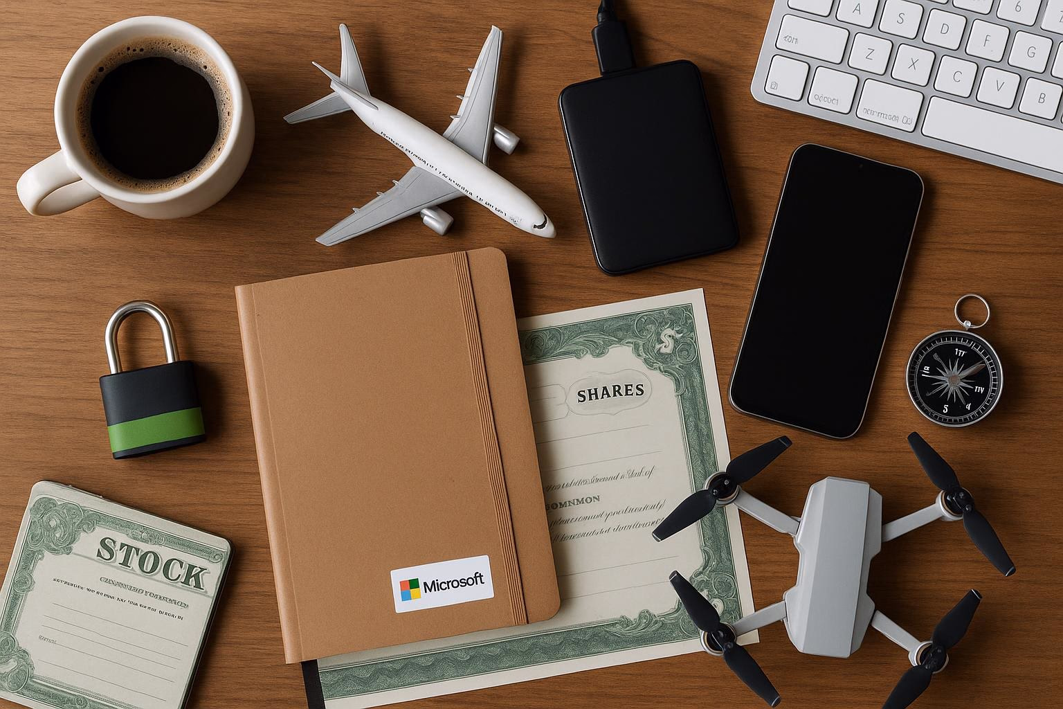 KDB Tech-Update 202510060503 Schreibtisch-Setup: Kaffeetasse, Smartphone, Laptop, Flugzeugmodell, Drohne, Notizbuch und Geldscheine für Technik- und Reise-/Finanzthema.